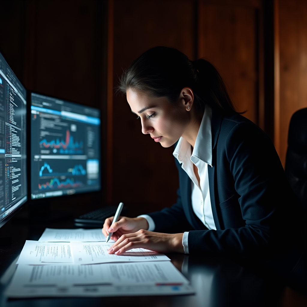 Analyst reviewing Google documentation and cross-referencing data on multiple screens