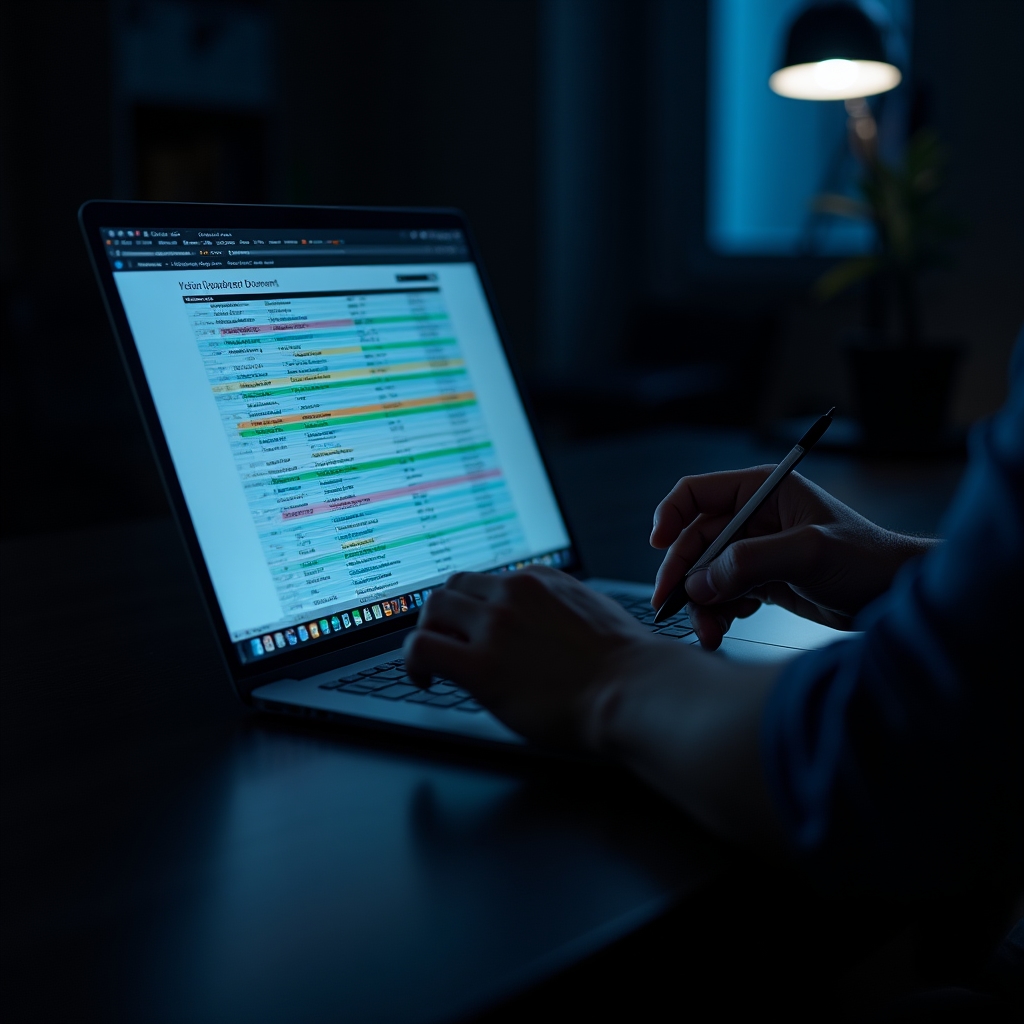 Close-up of link audit spreadsheet on laptop screen in dark office environment