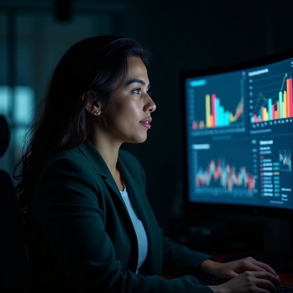 Data analyst, female, 32, diverse background, studying ranking charts on dual monitors in dark office