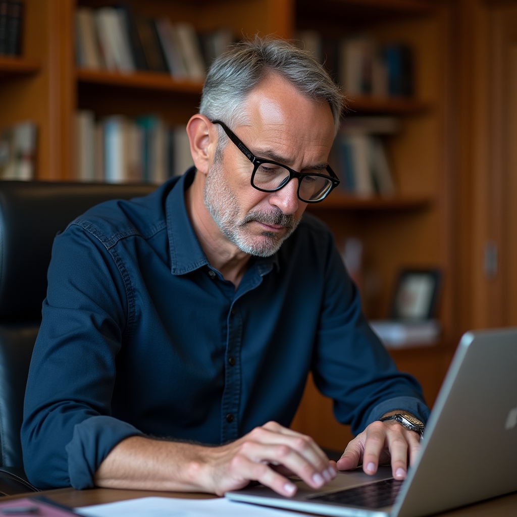 Technical writer, male, early 40s, wearing glasses, typing at keyboard with serious concentration